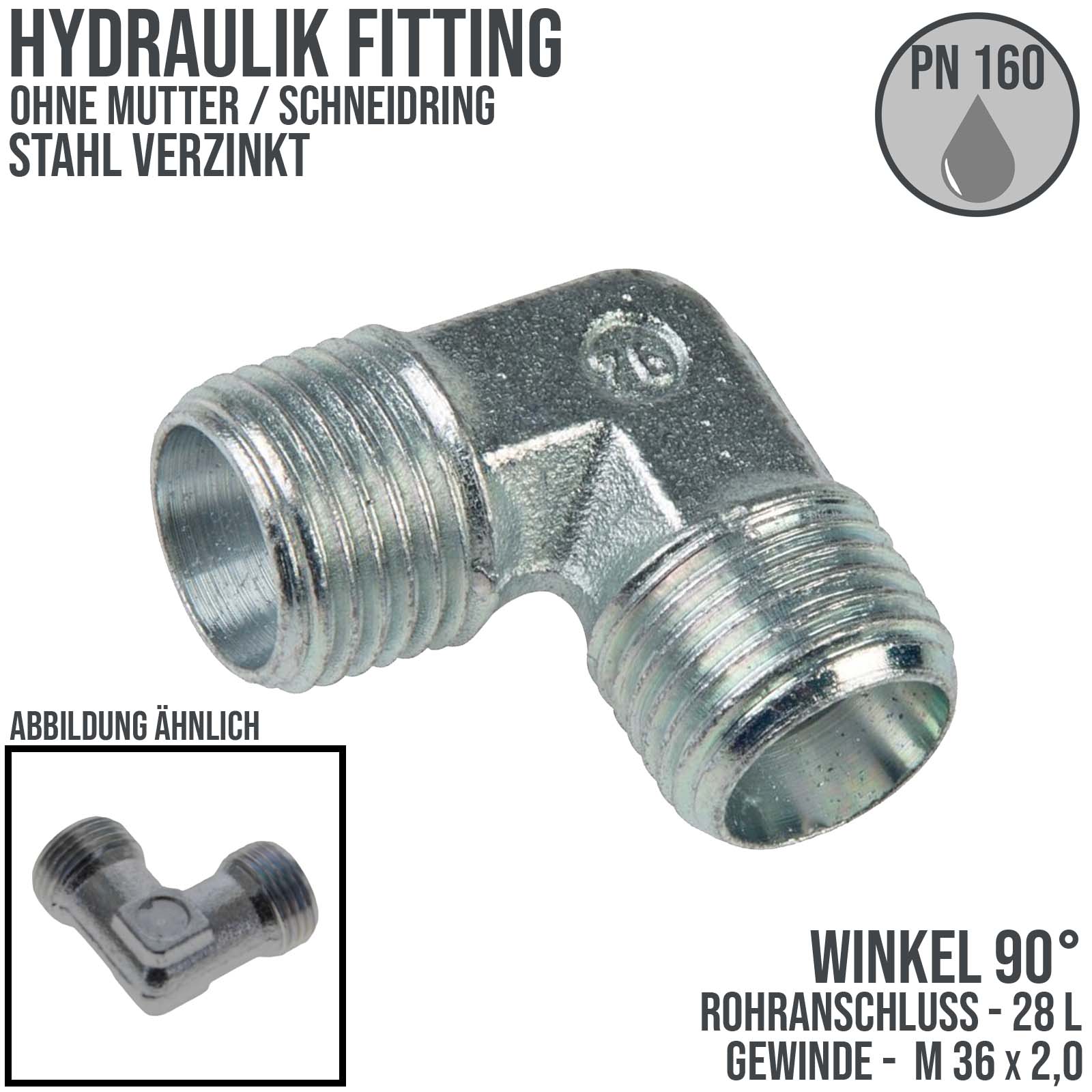 Hydraulik Verschraubung Winkel 90° 28 L (M 36 x2,0) AG ohne Mutter / Schneidring