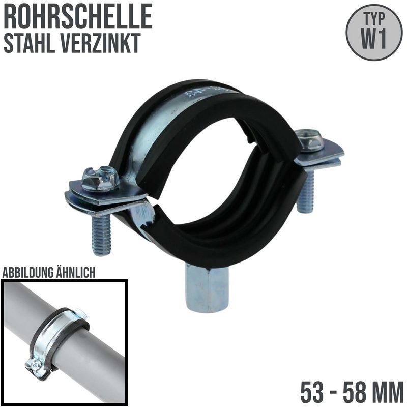 53 - 58 mm Rohr Schraub Schelle Klemme mit Gummieinlage M8 M10 2-teilig W1 Stahl verzinkt DIN 4109