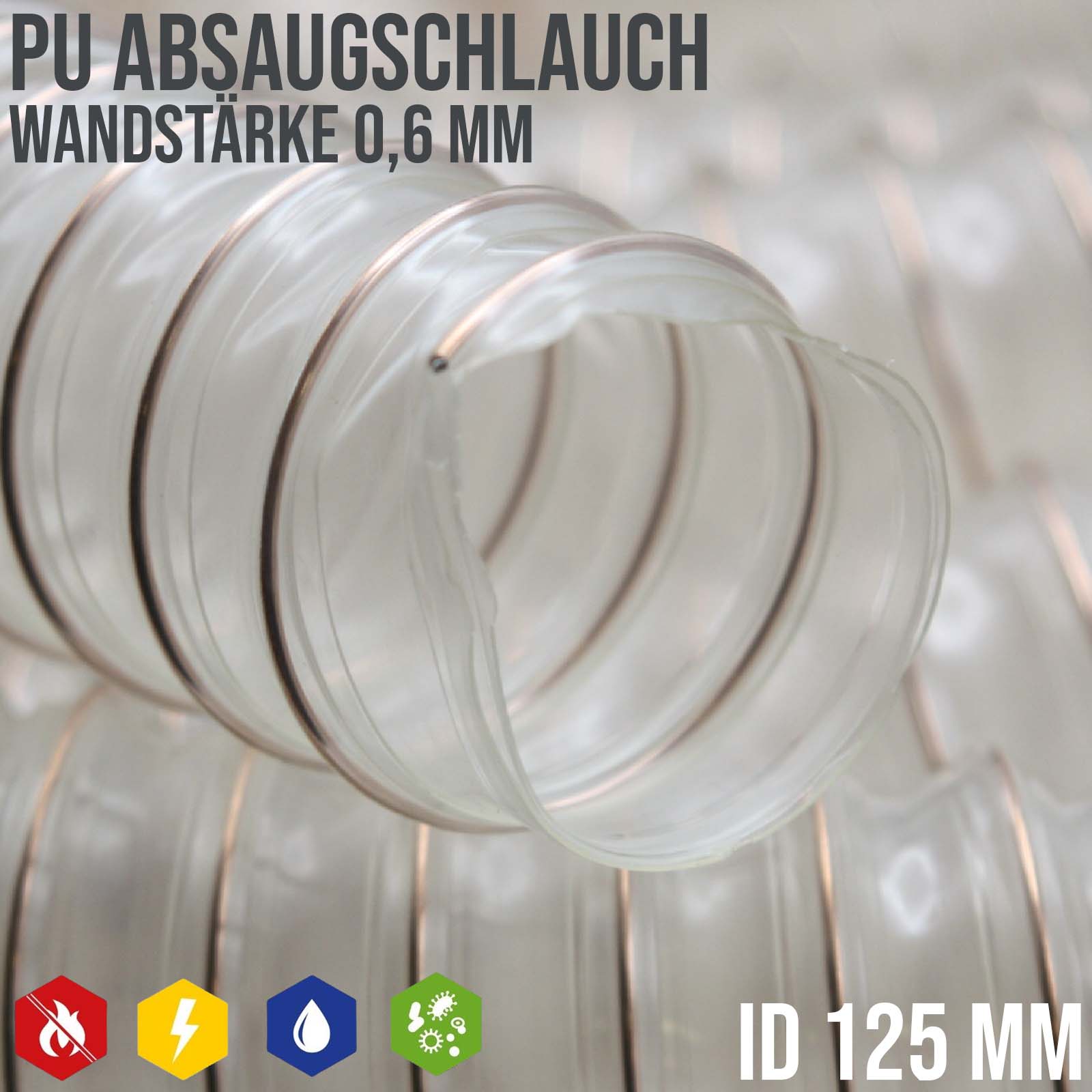 125 mm PU Saug Ansaug Druck Spiral Flex Staub Holz Metall Späne Schlauch Anlage - Wandstärke 0,6 mm - PN 0,40 bar