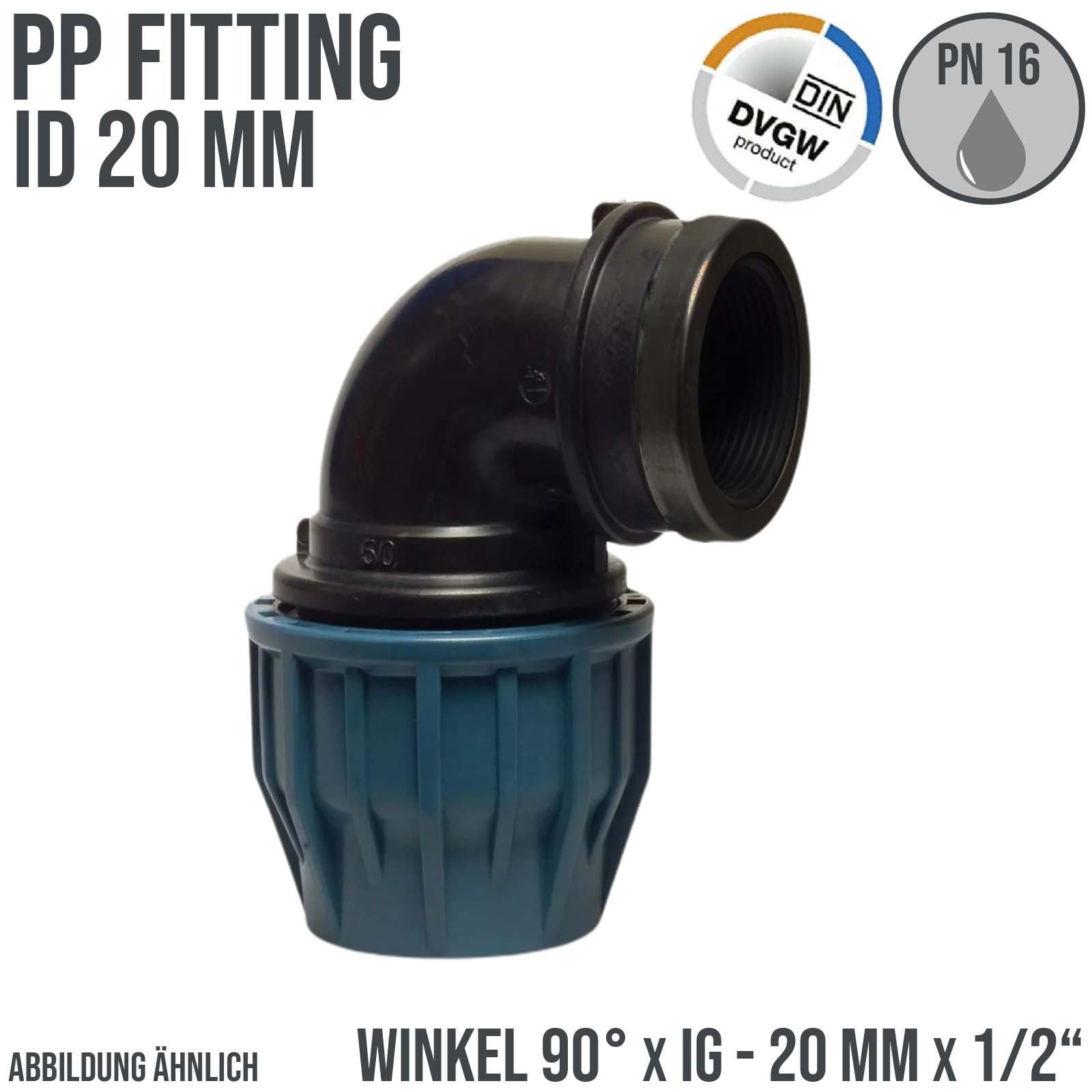 20 mm x 1/2" PE PP Fitting Klemm Verbinder Verschraubung Rohr Winkel 90° x IG DVGW - PN 16 bar 