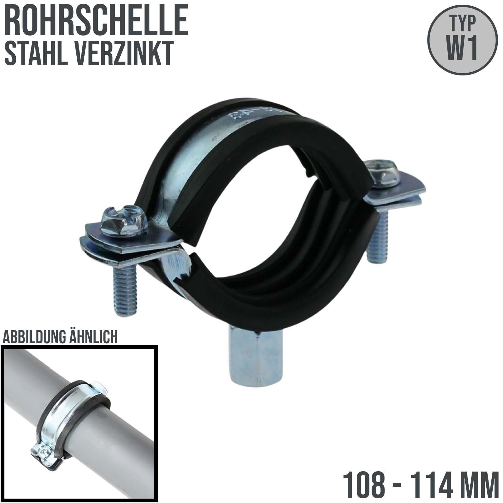 108 - 114 mm Rohr Schraub Schelle Klemme mit Gummieinlage M8 M10 2-teilig W1 Stahl verzinkt DIN 4109