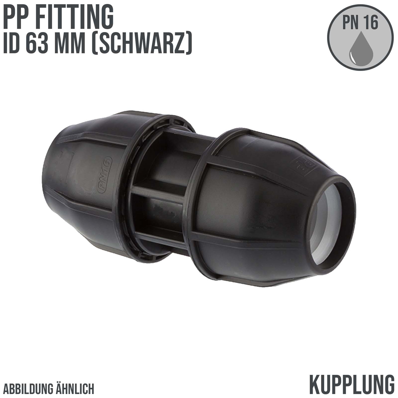 63 mm PE PP Fitting Klemm Verbinder Verschraubung Muffe Rohr Kupplung schwarz - PN 16 bar