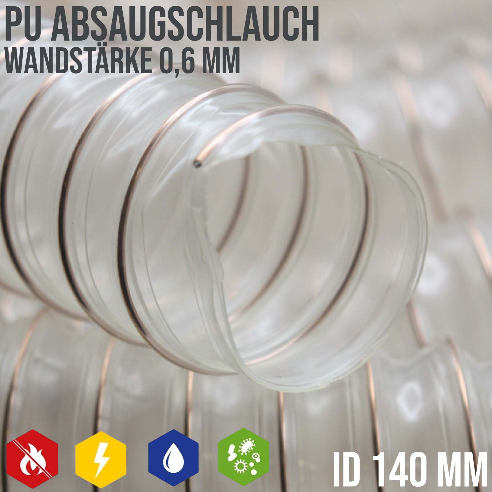 140 mm PU Saug Ansaug Druck Spiral Flex Staub Holz Metall Späne Schlauch Anlage - Wandstärke 0,6 mm - PN 0,50 bar