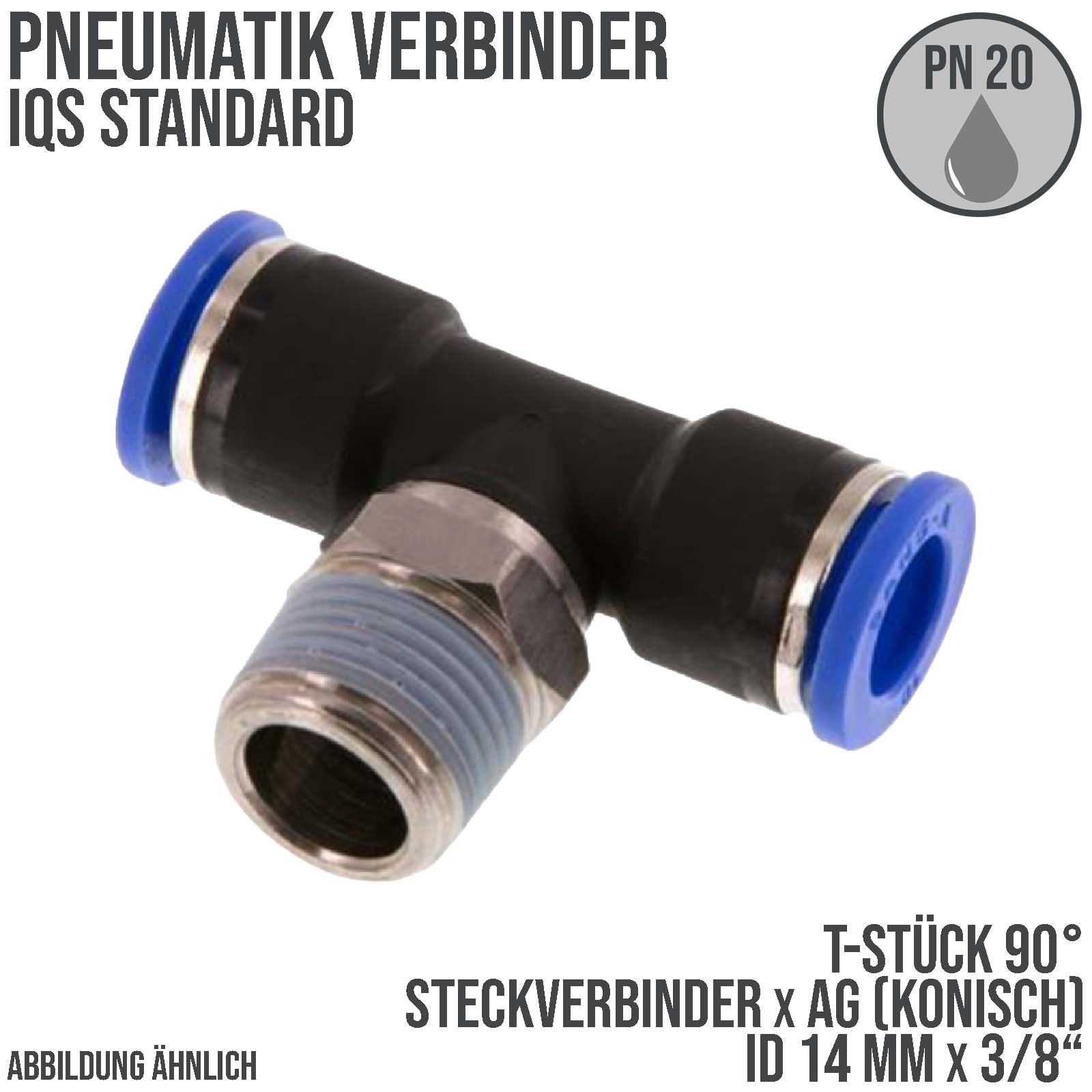 14 mm x 3/8" Pneumatik Steck Verbinder T-Stück 90° IQS Außengewinde konisch - PN 20 bar