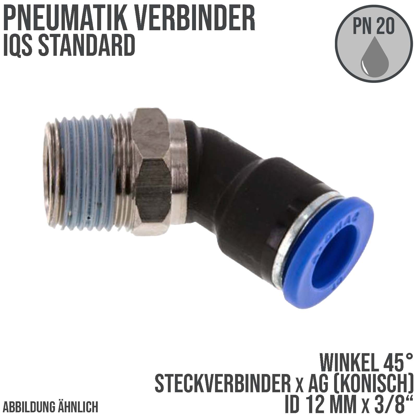 12 mm x 3/8" Pneumatik Steck Verbinder Winkel 45° IQS Außengewinde konisch - PN 20 bar