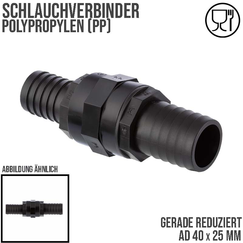 40 x 25 mm PP Schlauch Verbinder reduziert 2-fach Stutzen Tülle Pool Teich Garten PP schwarz - PN 6 bar
