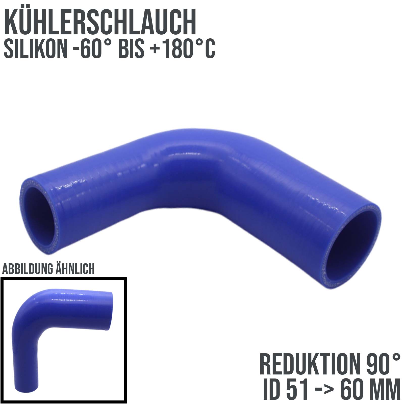 51 -> 60 mm ID Kühlerschlauch Reduktion 90° Verbinder Silikon LLK Ladeluft Kühlmittel Schlauch blau - 150mm