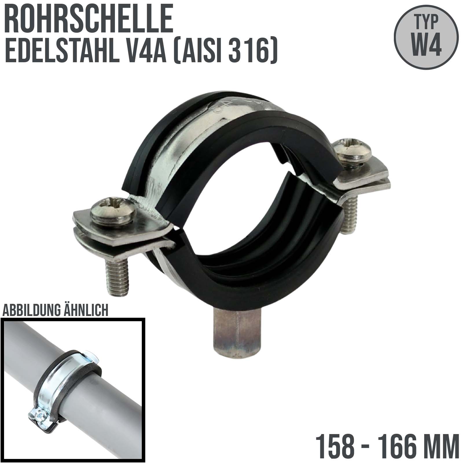 158 - 166mm Rohr Schraub Schelle Klemme mit Gummieinlage M8 M10 2-teilig Edeltahl AISI 316 DIN 4109