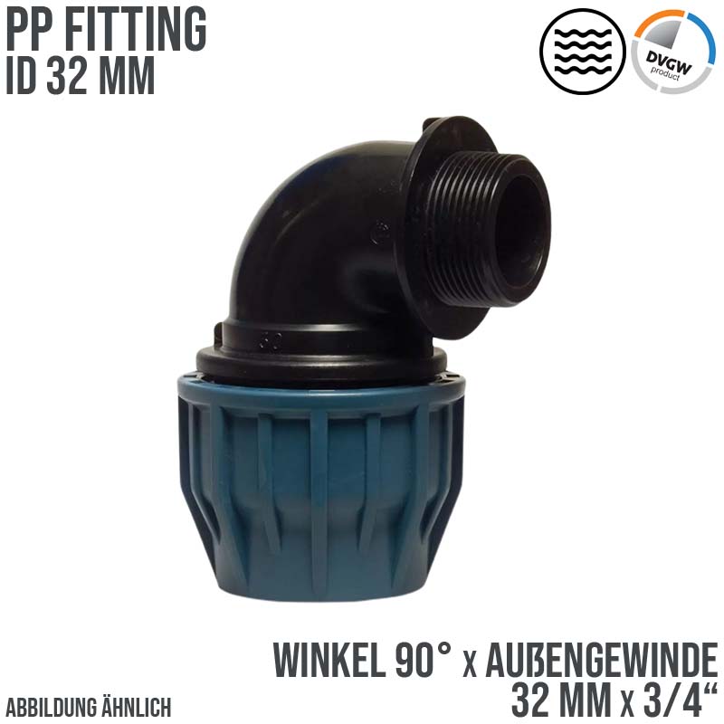 32 mm x 3/4" PE PP Fitting Klemm Verbinder Verschraubung Rohr Winkel 90° x AG DVGW - PN 16 bar