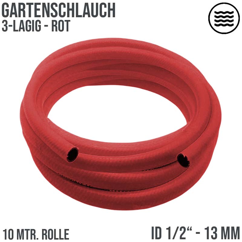 1/2" 13 mm 3-lagig Garten Wasser Bewässerung Universal Schlauch rot/grau - PN 10 bar - 10 m