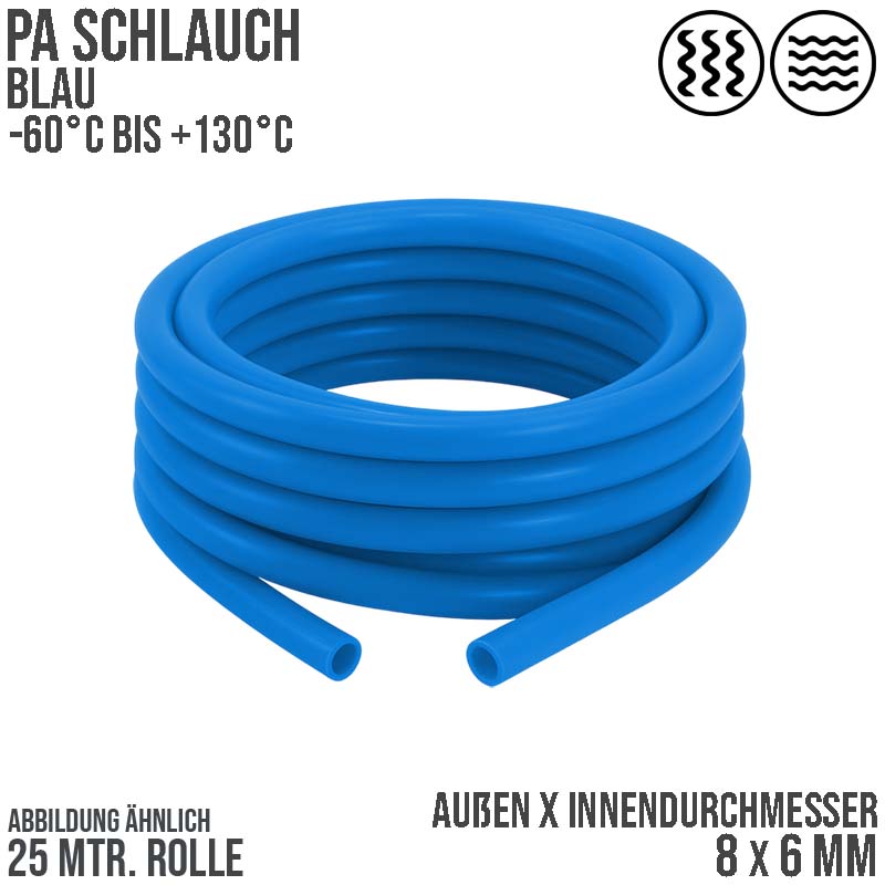 8 x 6 mm Polyamid PA Pneumatik Schlauch blau - PN 19 bar - 25 m