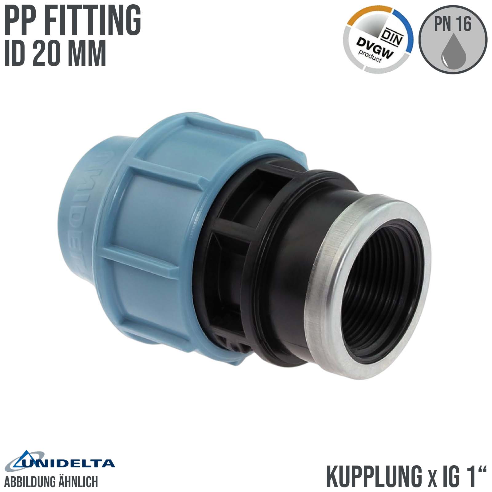 20 mm x 1" PE PP Fitting Klemm Verbinder Verschraubung Muffe Rohr Kupplung x IG DVGW - Unidelta