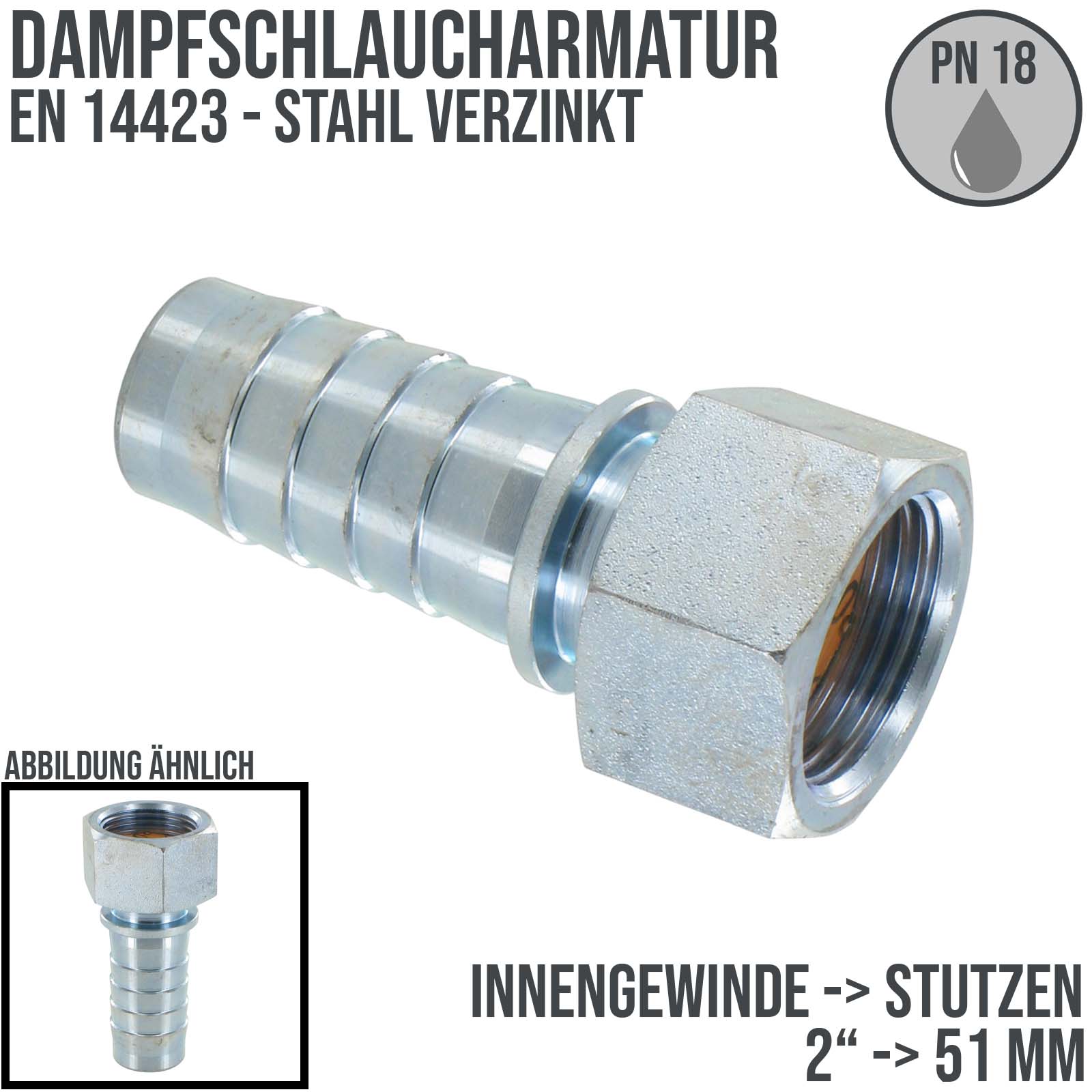2" Dampfschlaucharmatur Innengewinde Sicherungsbund Stahl verzinkt Stutzen Tülle 51 mm - PN 18 bar