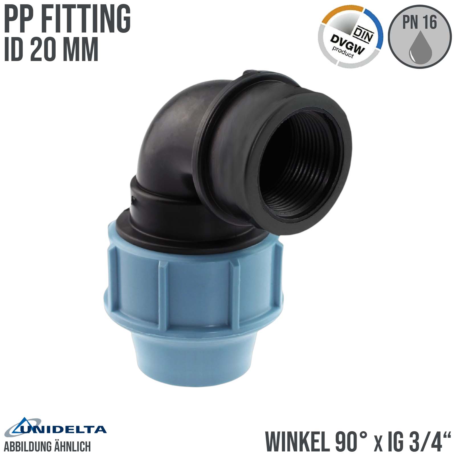 20 mm x 3/4" PE PP Fitting Klemm Verbinder Verschraubung Rohr Winkel 90° x IG DVGW - Unidelta 