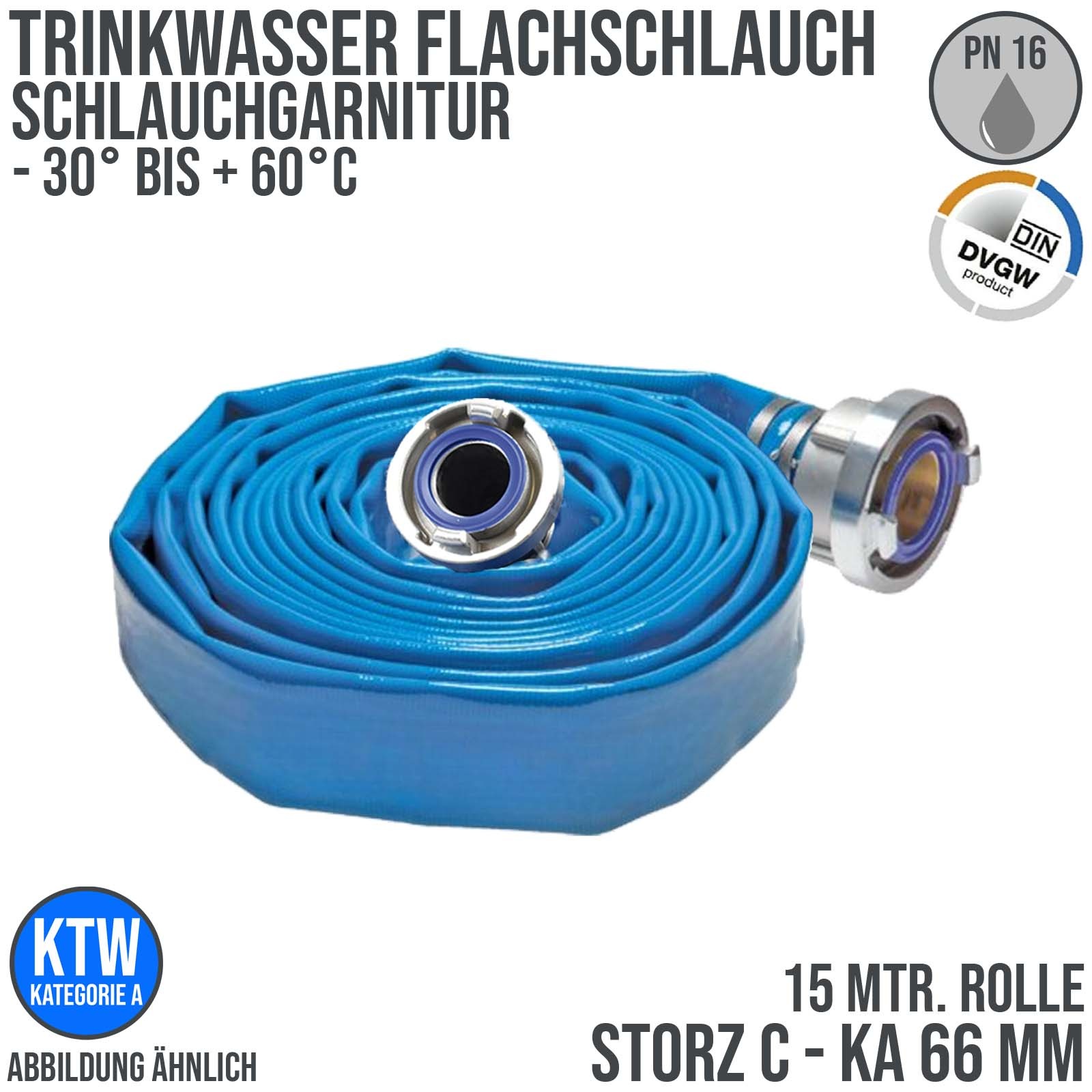 STORZ C KA 66 52 mm 2" Trinkwasser Flach Schlauch DVGW KTW Garnitur blau PN 10 bar - 15 m