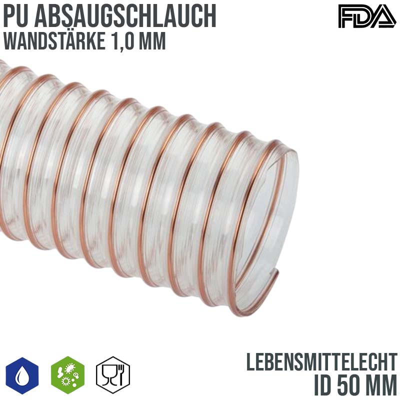 50 mm PU Saug Ansaug Druck Spiral Flex FDA Lebensmittel Schlauch - Wandstärke 1,0 mm - PN 1,32 bar