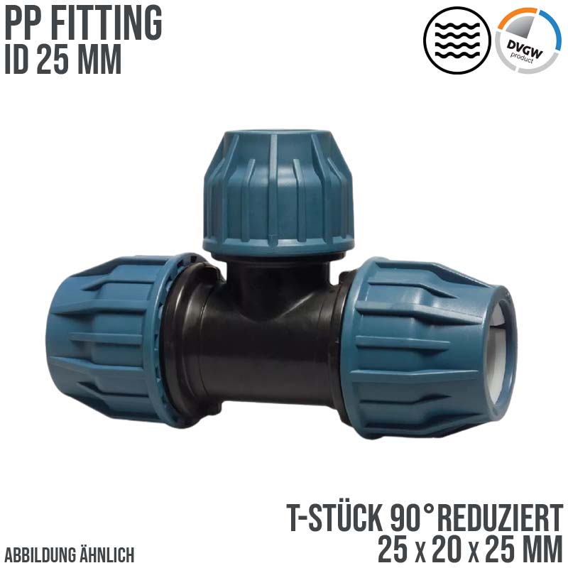 25 x 20 x 25 mm PE PP Fitting Klemm Verbinder Verschraubung Muffe reduziert T-Stück 90° DVGW - PN 16 bar