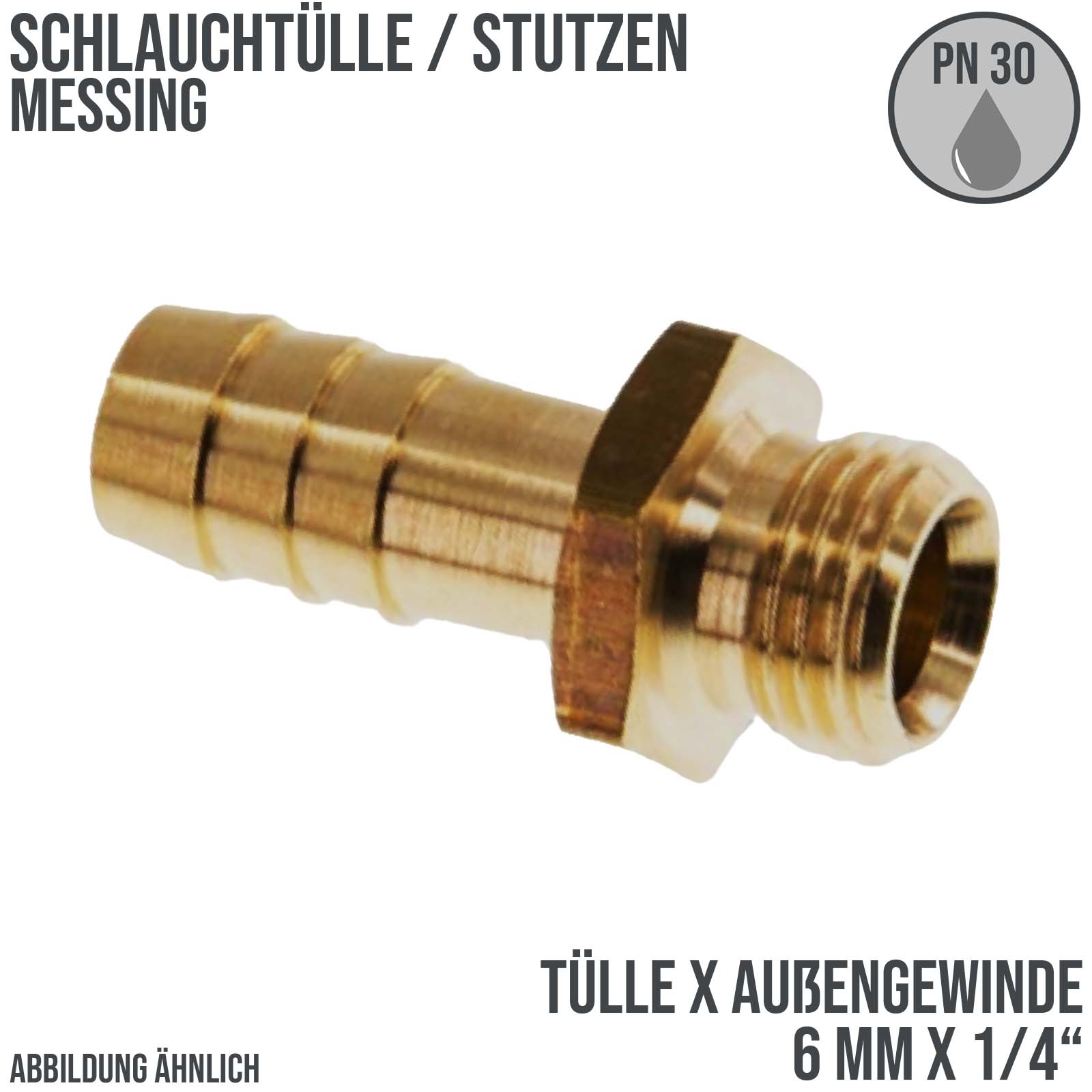 6 mm x 1/4" Zoll Schlauch Tülle Stutzen Außengewinde AG Nippel Messing Fittings - PN 30 bar