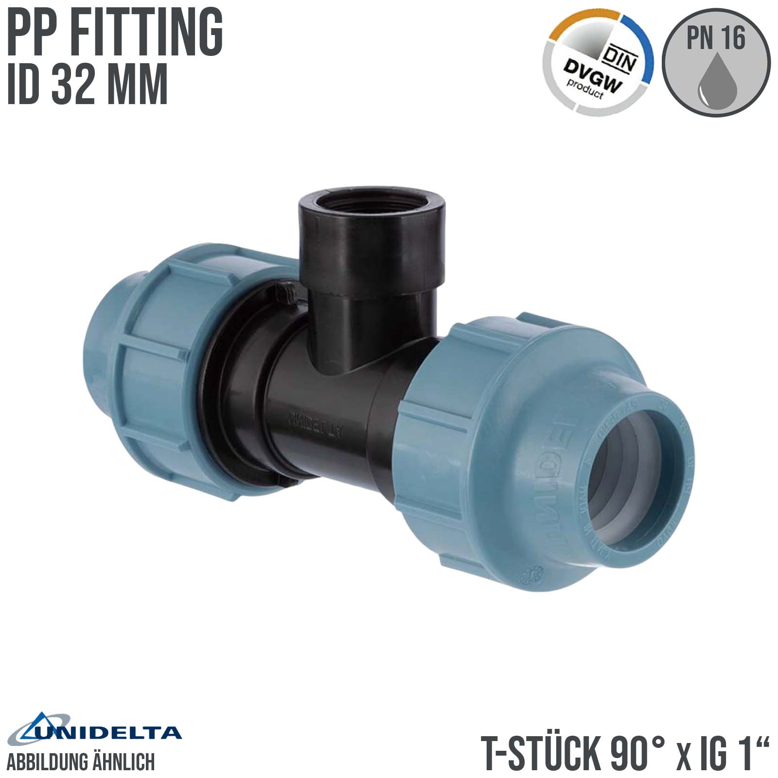 32 mm x 1" PE PP Fitting Klemm Verbinder Verschraubung Rohr T-Stück 90° x IG DVGW - Unidelta 