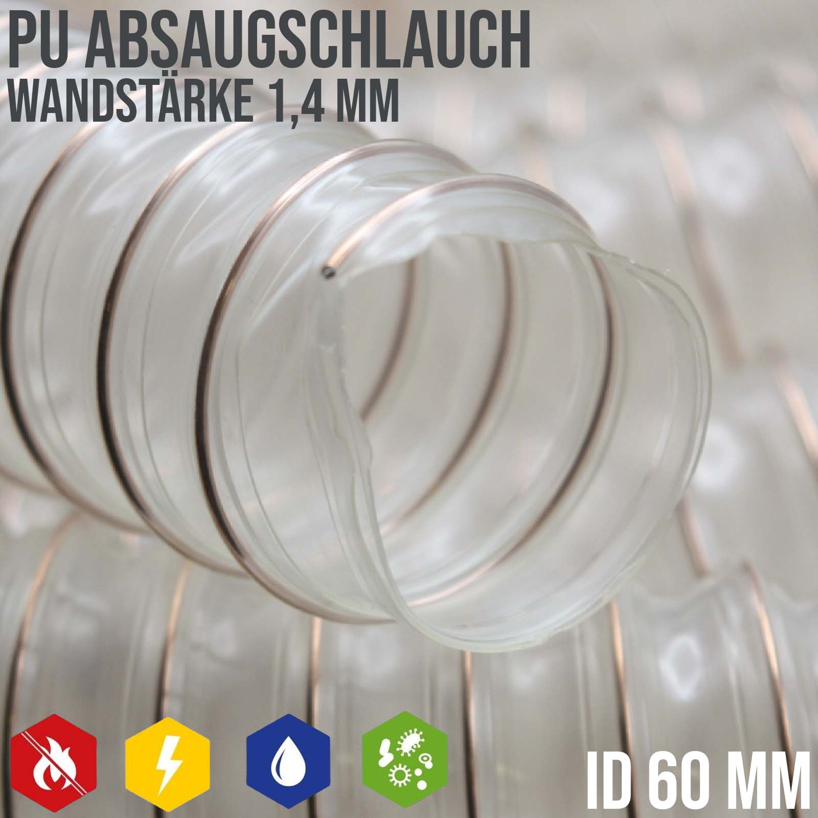 60 mm PU Saug Ansaug Druck Spiral Flex Staub Holz Metall Späne Schlauch Anlage - Wandstärke 1,4 mm - PN 2,25 bar
