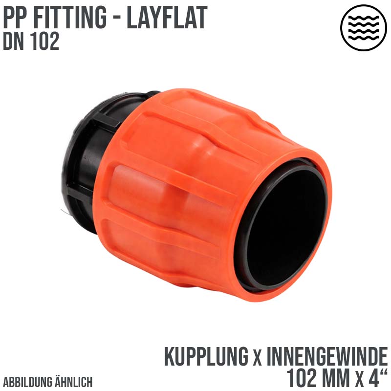 102 mm x 4" PE PP Fitting Layflat Klemm Verbinder Kupplung x Innengewinde IG Flach Schlauch - PN 6 bar