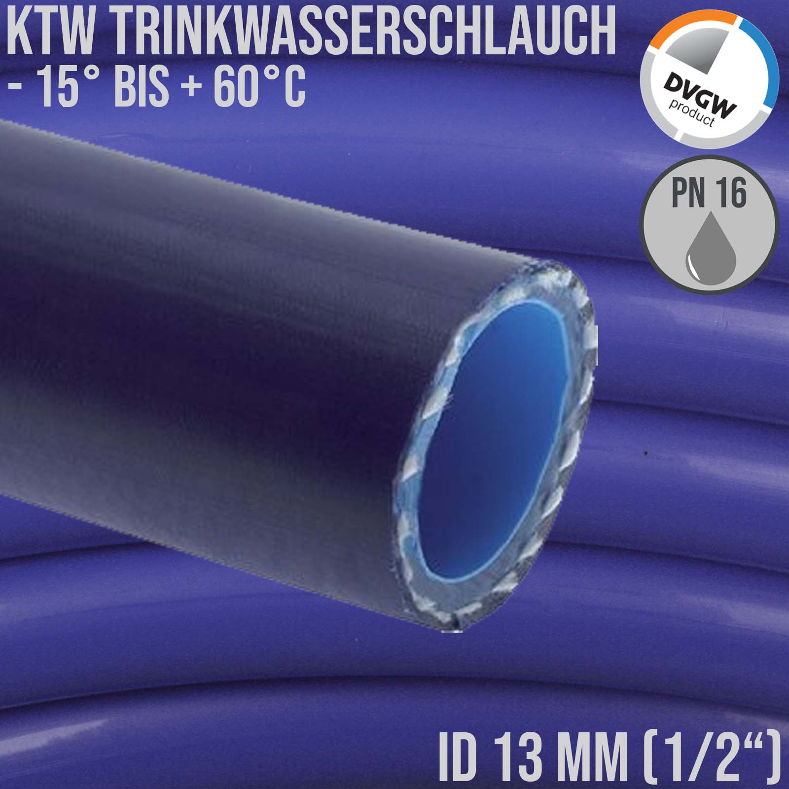 13 mm 1/2" Zoll Trink Wasser Kirmes Volksfest Biergarten Schlauch TPE KTW DVGW W 270 blau PN 16 bar 