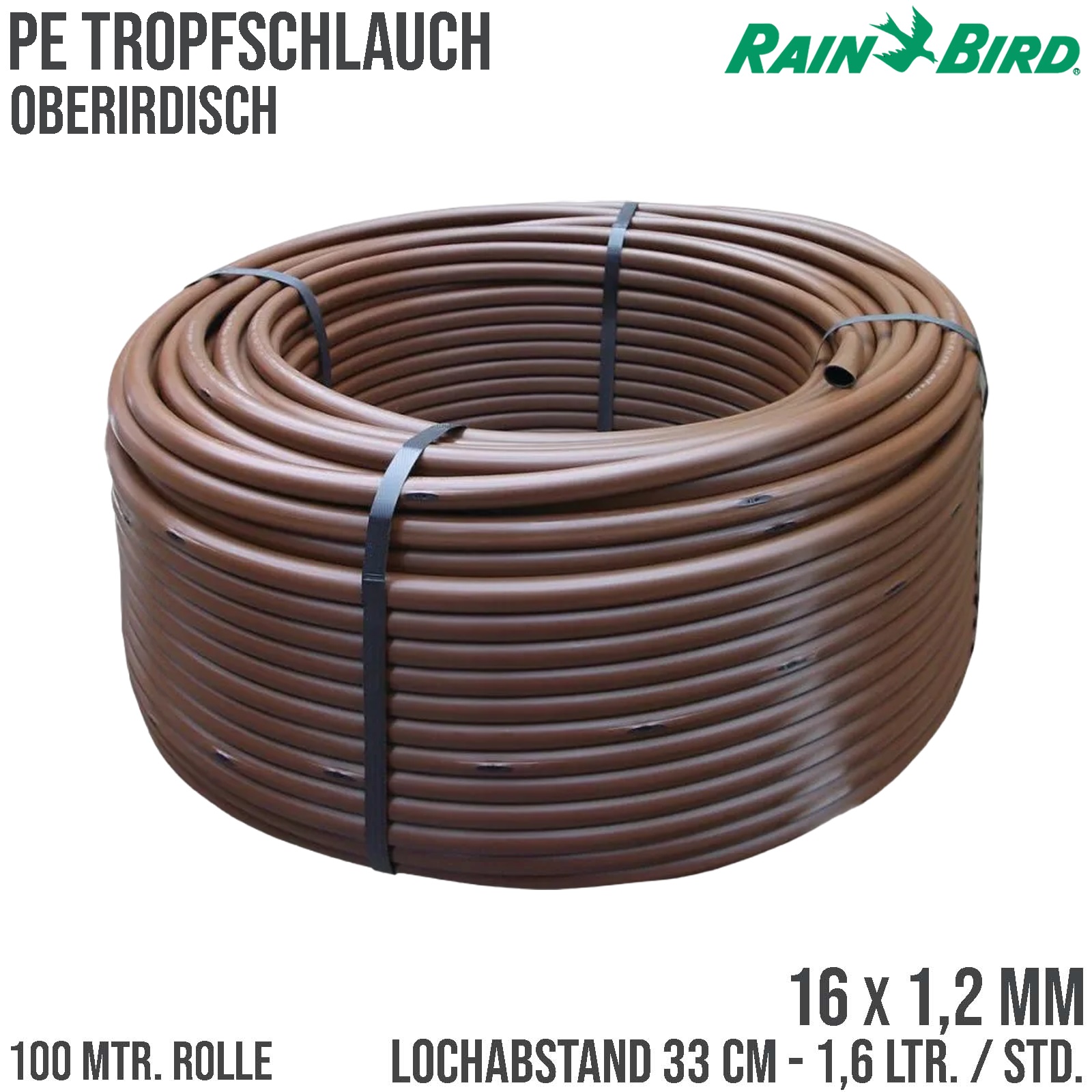 Rain Bird Tropfschlauch Oberirdisch PE 16 mm x 1,2 mm 1.6ltr/h 33 cm braun Typ PC inline XFD - 100 m