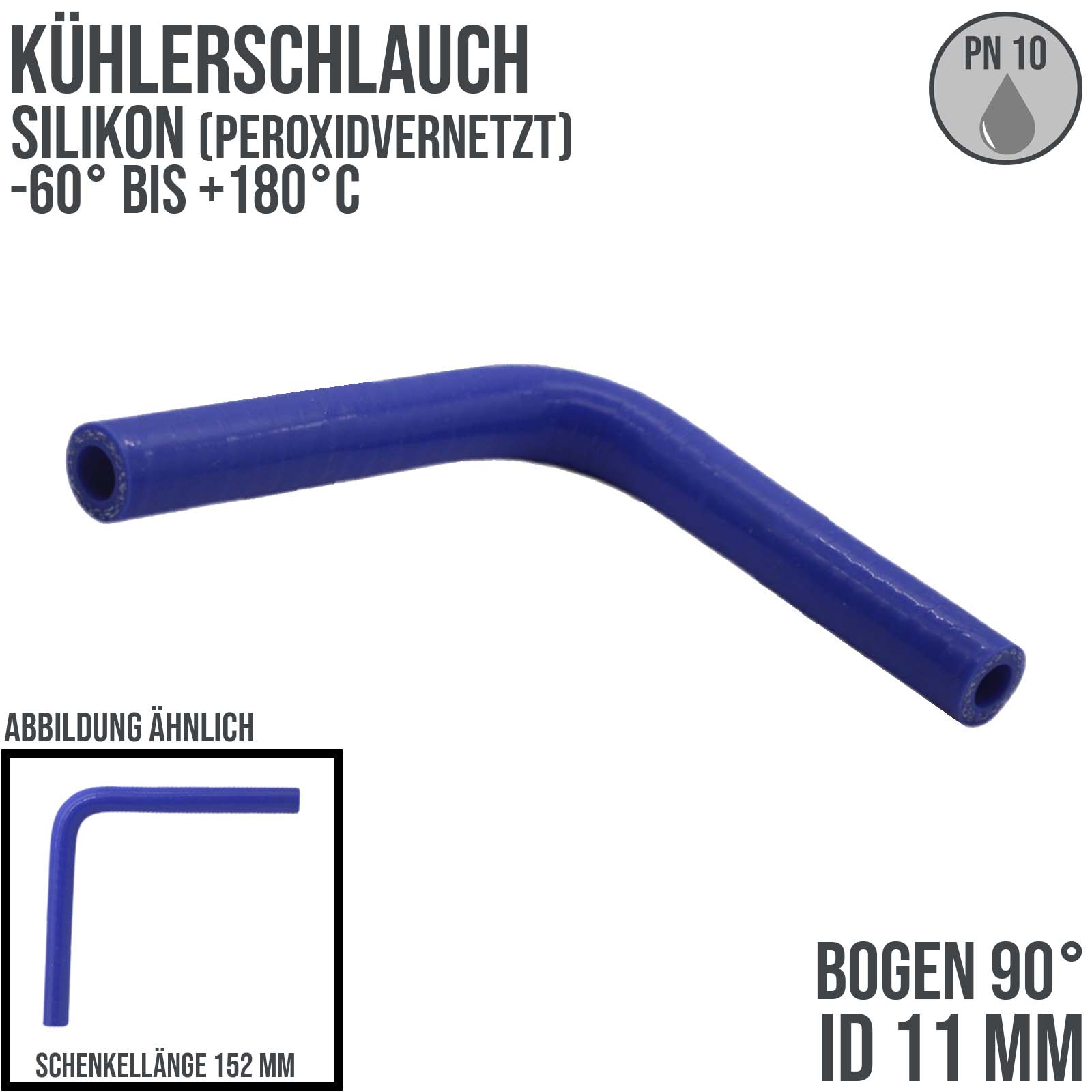 11 x 19 mm Kühlerschlauch Silikon Bogen 90° LLK Ladeluft Kühlmittel Schlauch universal blau (10 bar) - 152mm