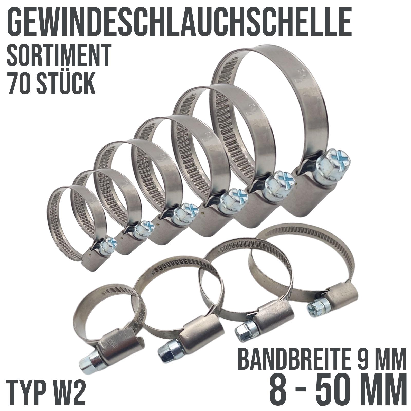 70 Stück - Schlauchschellen Klemmschellen Edelstahl 8-50mm W2 Sortiment Set