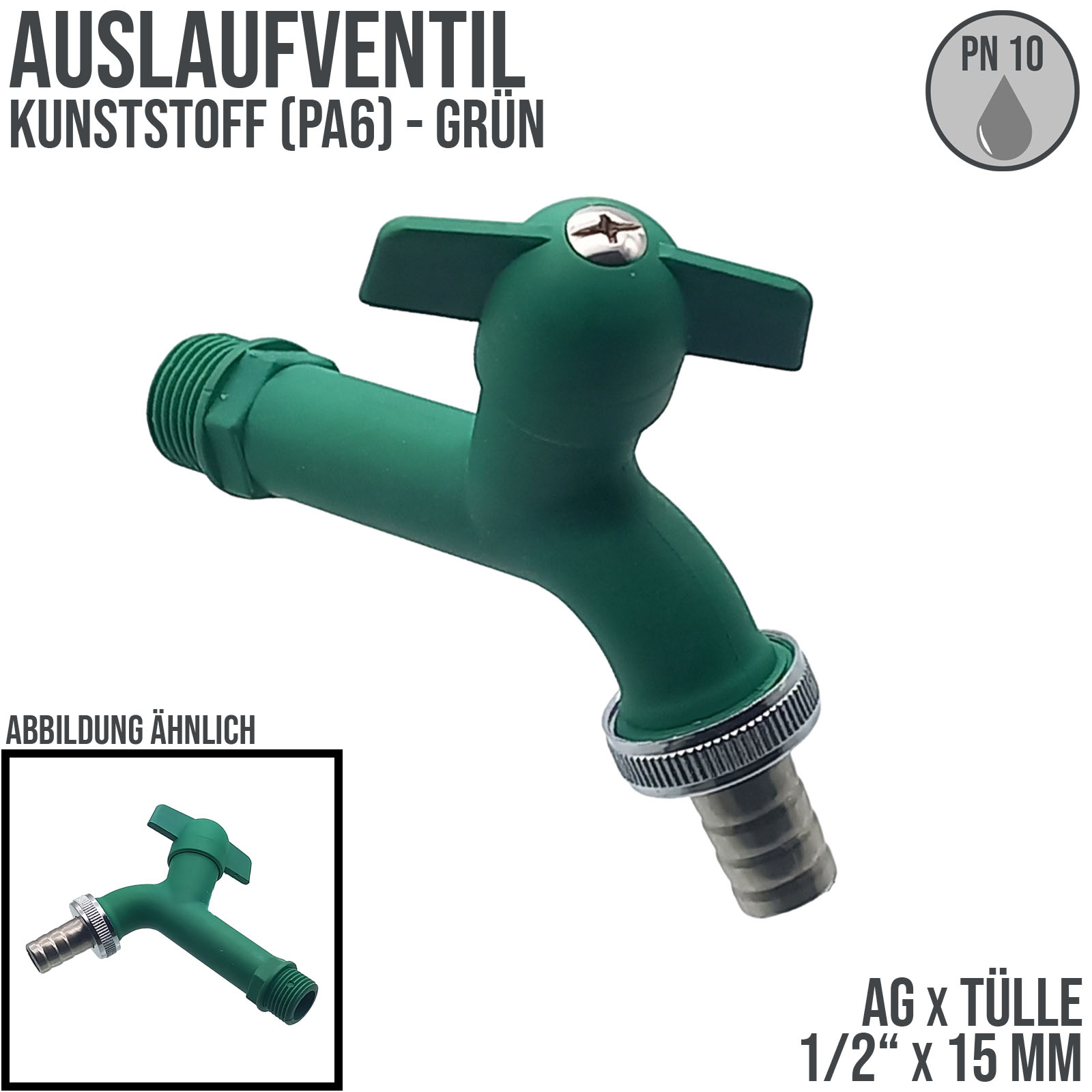 1/2" AG Kunstoff (PA 6) Auslauf Ventil Wasser Hahn Tülle 15 mm KTW - blau