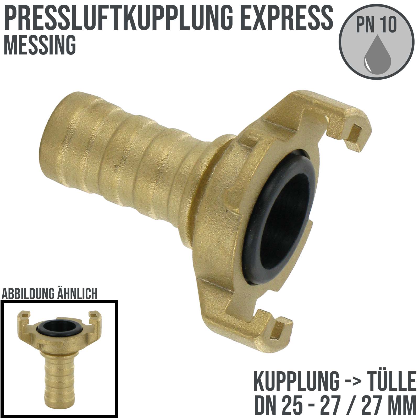 DN 25 - 27 Pressluft Klauen Kupplung Express Messing Abstand 41 mm Schlauch Stutzen Tülle 27 mm - PN 10 bar