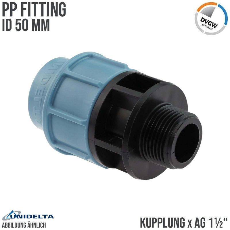 50 mm x 1 1/2" PE PP Fitting Klemm Verbinder Verschraubung Muffe Rohr Kupplung x AG DVGW - Unidelta