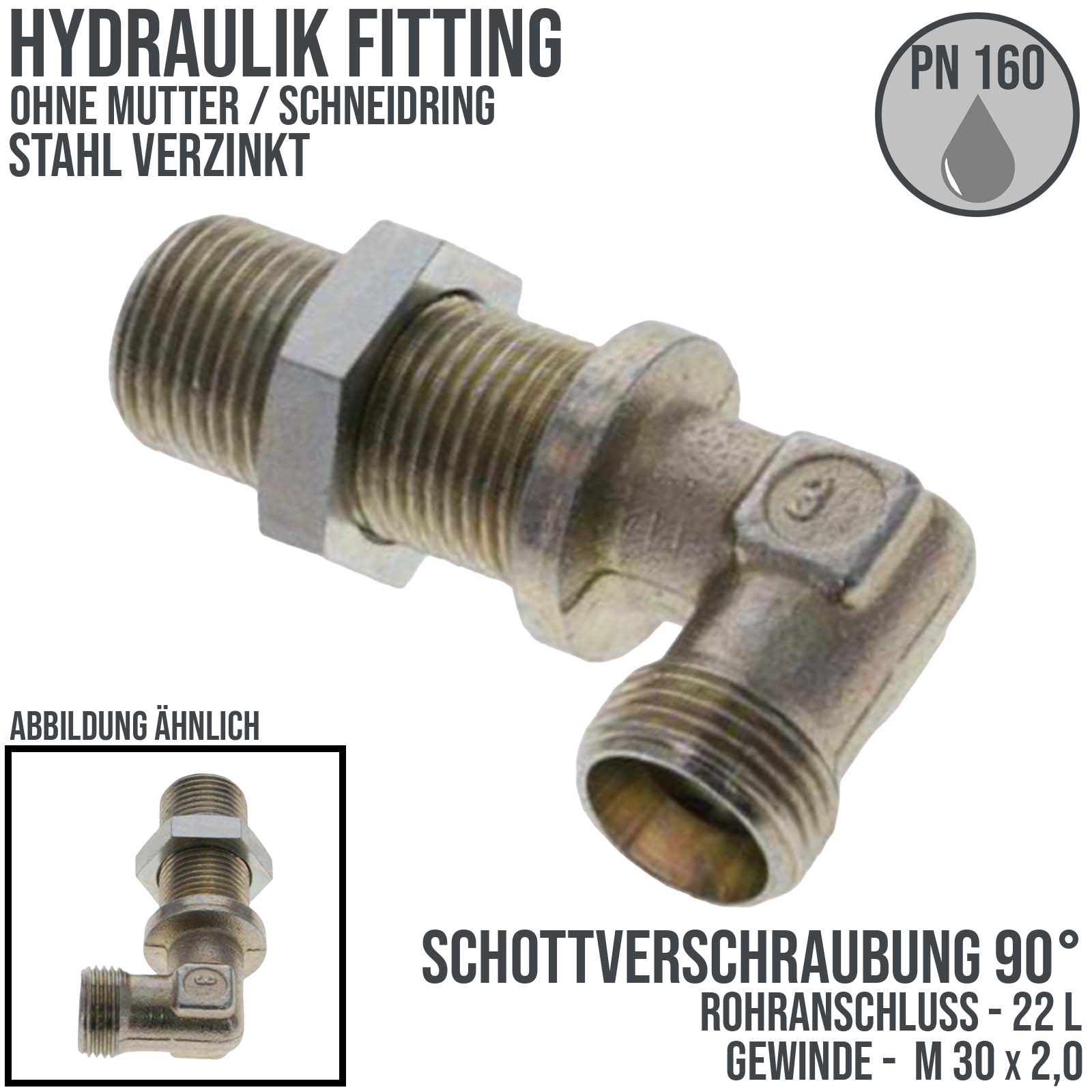 22 L Schneidring Winkel 90° Schott Verschraubung (M 30 x2,0) AG ohne Mutter / Schneidring - PN 160 bar
