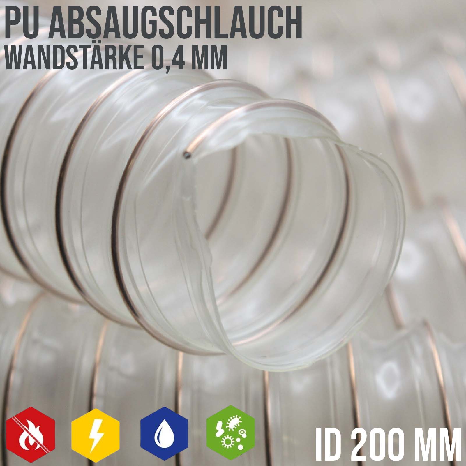 200 mm PU Saug Ansaug Druck Spiral Flex Staub Holz Metall Späne Schlauch Anlage - Wandstärke 0,4 mm  - PN 0,08 bar