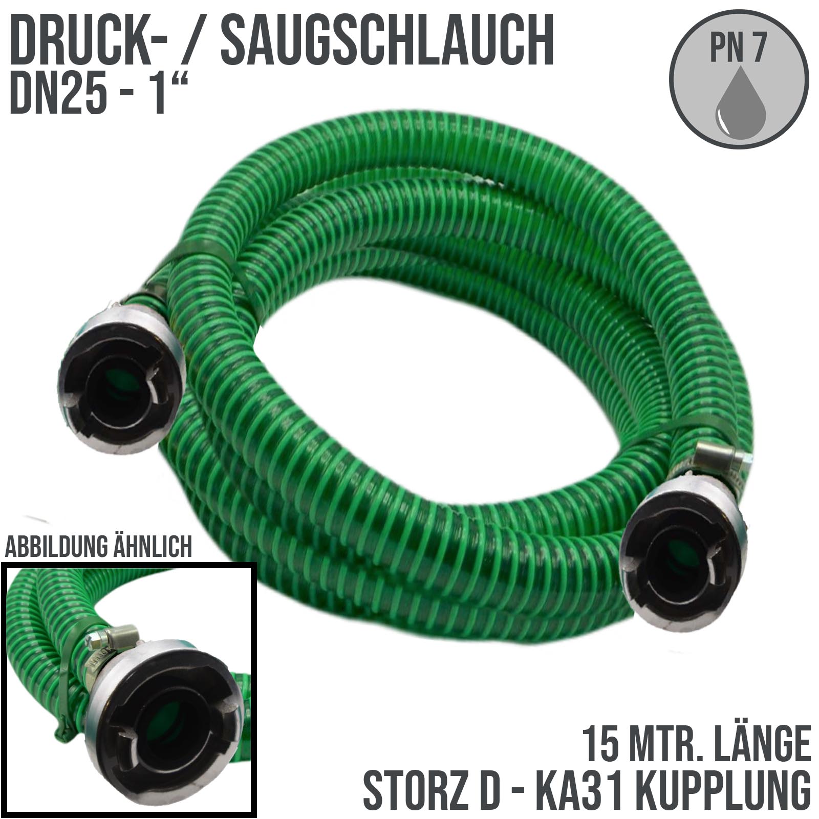 STORZ D DN25 KA31 - 25 mm 1" PVC Saug Ansaug Pumpen Spiral Schlauch PN 5 bar grün - 15 m Rolle