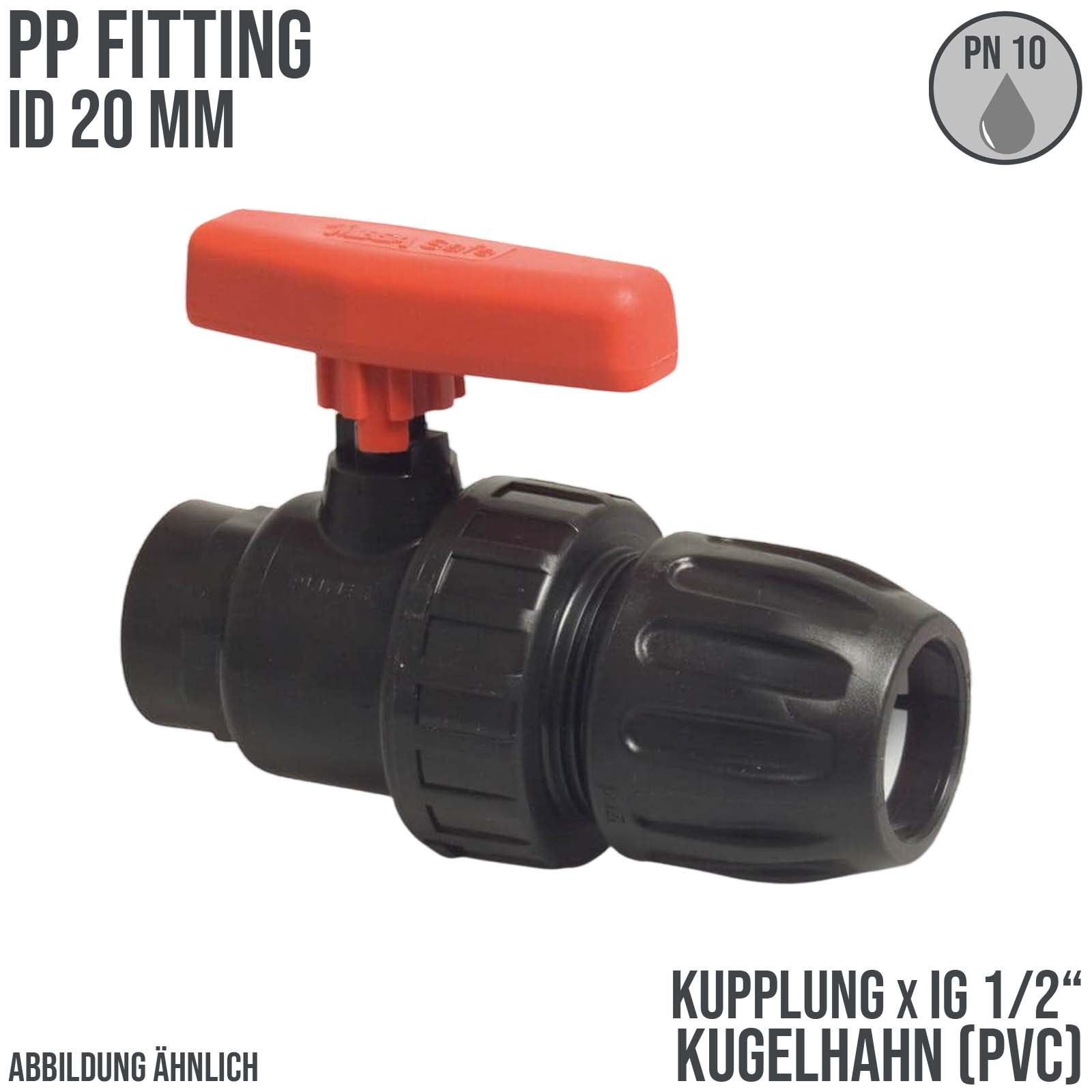 20 mm PE PP Kugelhahn Klemm Muffe Kupplung Innengewinde IG schwarz/rot - PN 10 bar