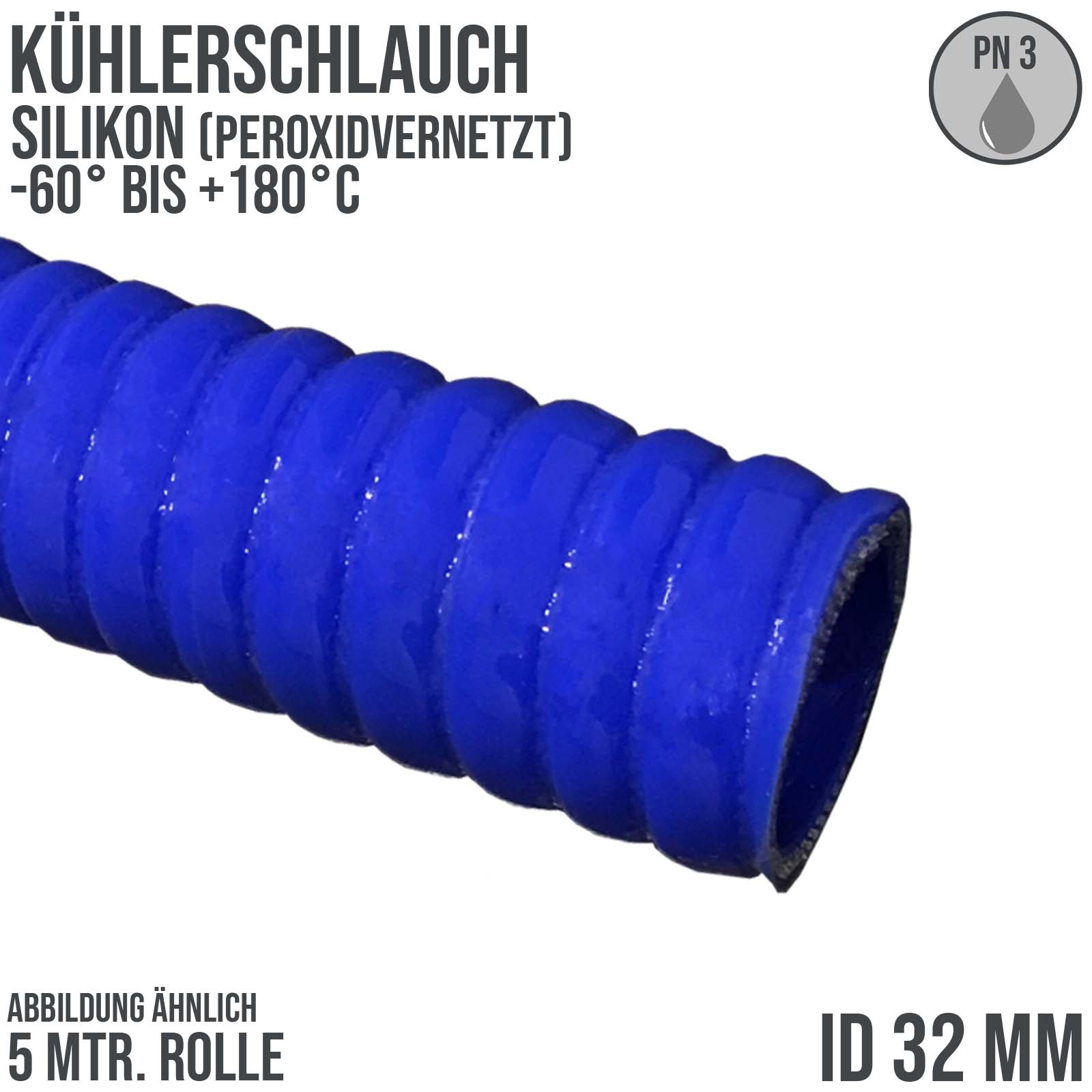 32 x 40 mm leicht flexibler Kühlerschlauch Silikon LLK Ladeluft Kühlmittel Schlauch blau PN 3 bar - 5,0 m Länge