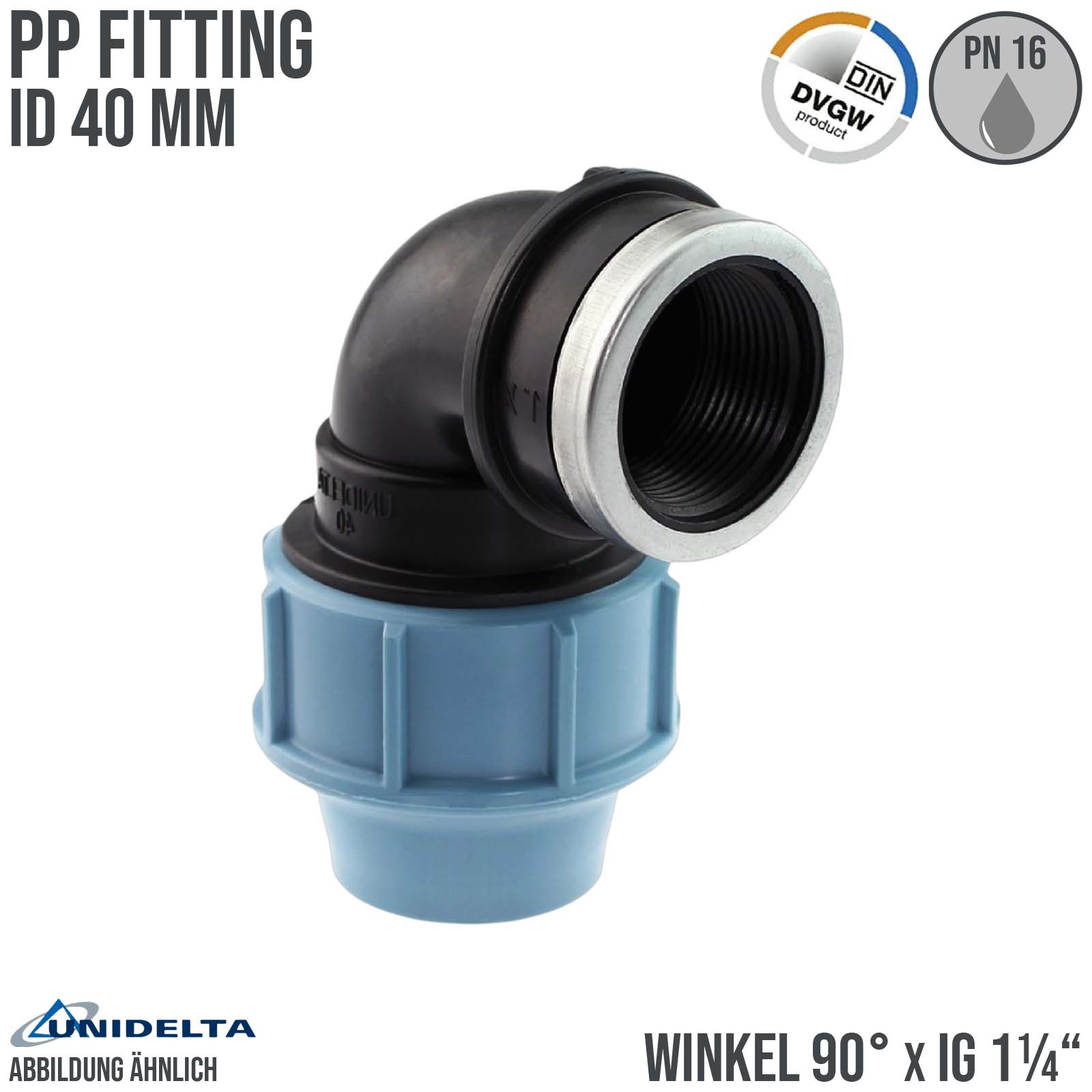 40 mm x 1 1/4" PE PP Fitting Klemm Verbinder Verschraubung Rohr Winkel 90° x IG DVGW - Unidelta 