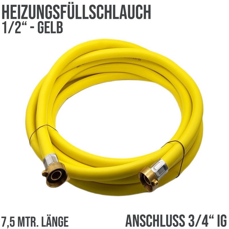 7,5 m Heizungs Füll Wasser Heizkörper Radiator Sanitär Schlauch gelb - 3/4" Anschluss - PN 8 bar