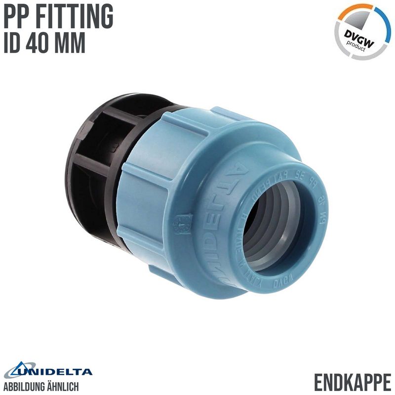 40 mm PE PP Fitting Klemm Verbinder Kappe Endkappe Endstück Muffe Verbinder  DVGW - Unidelta