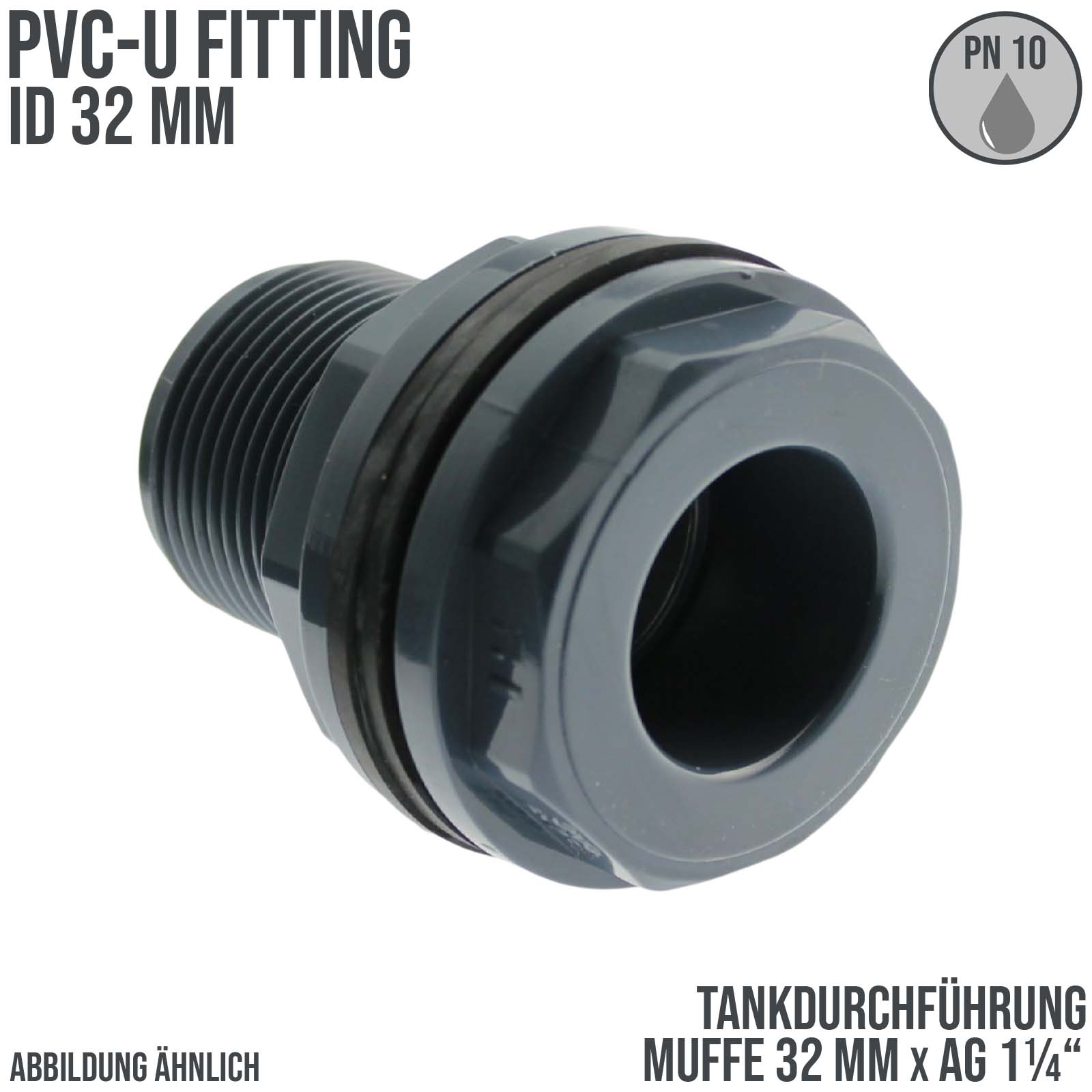 32 mm x 1 1/4" Zoll PVC-U Tankdurchführung Klebemuffe auf Klebemuffe x Außengewinde AG - PN 10 bar