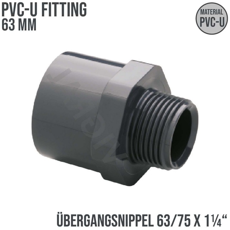 63 mm PVC Klebe Fitting Übergangsnippel Sechs-/Achtkant 63/75 mm x 1 1/4" Muffe Verbinder - PN 10 bar