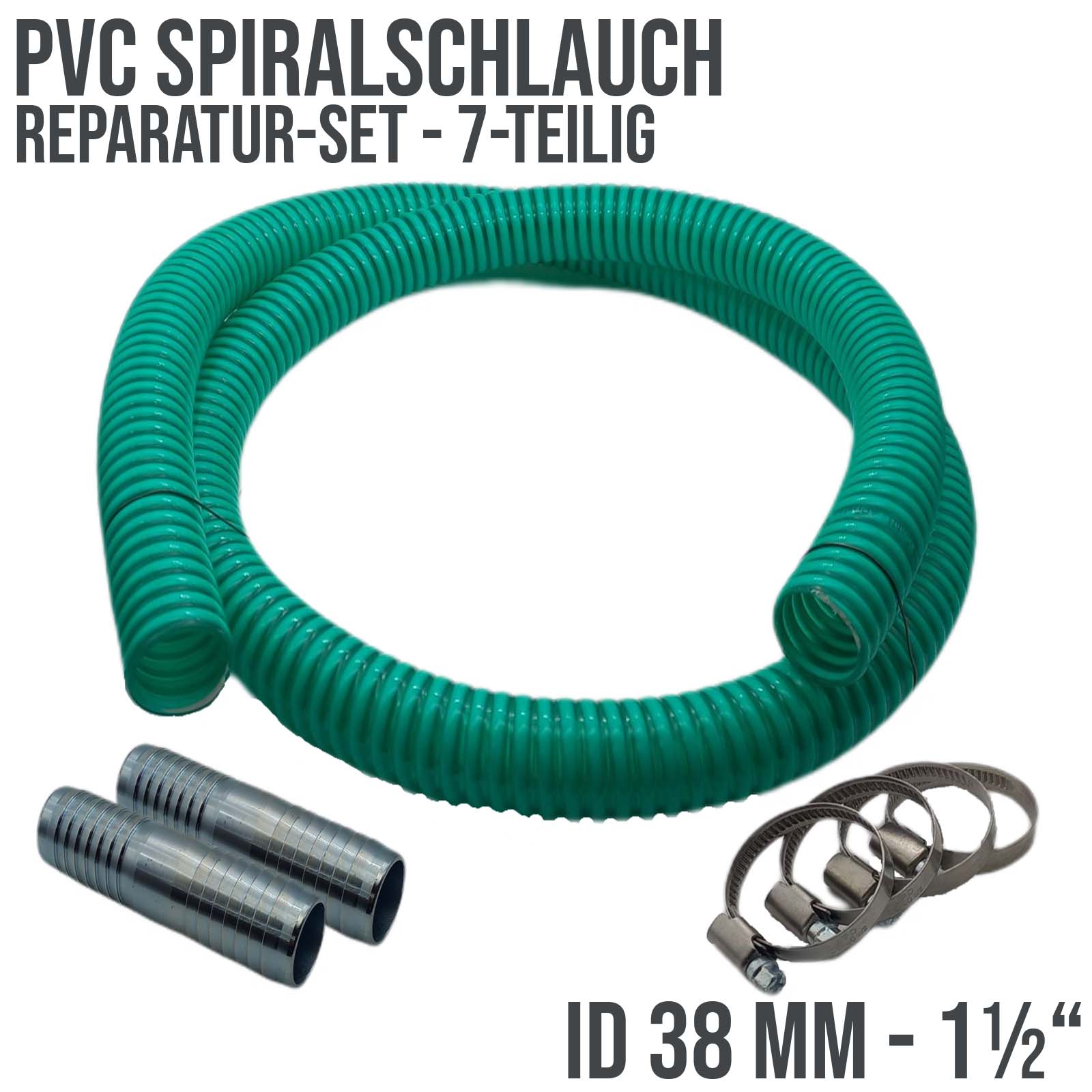Schlauch Reparatur Set PVC Spiralschlauch grün Verlängerung 38 mm (1 1/2")- 7-teilig