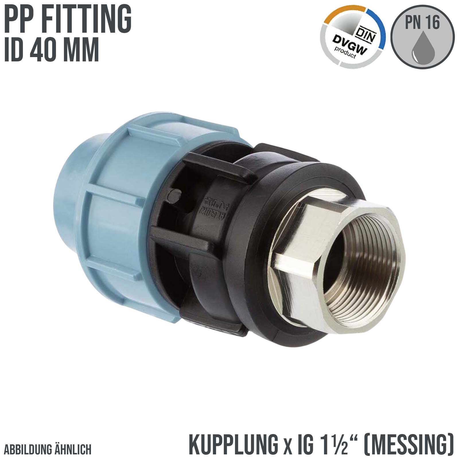 40 mm x 1 1/2" PE PP Fitting Klemm Verbinder Muffe Rohr Kupplung x Messing IG DVGW - Unidelta