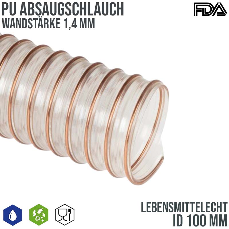 100 mm PU Saug Ansaug Druck Spiral Flex FDA Lebensmittel Schlauch - Wandstärke 1,4 mm - PN 0,70 bar