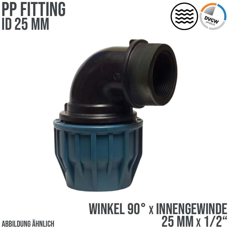 25 mm x 1/2" PE PP Fitting Klemm Verbinder Verschraubung Rohr Winkel 90° x IG DVGW - PN 16 bar