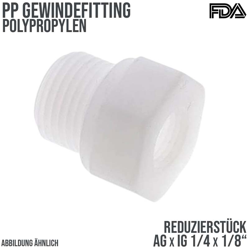 1/4" x 1/8" PP Gewinde Fitting FDA Reduzier Nippel Außen x Innengewinde Verbinder weiß - PN 10 bar