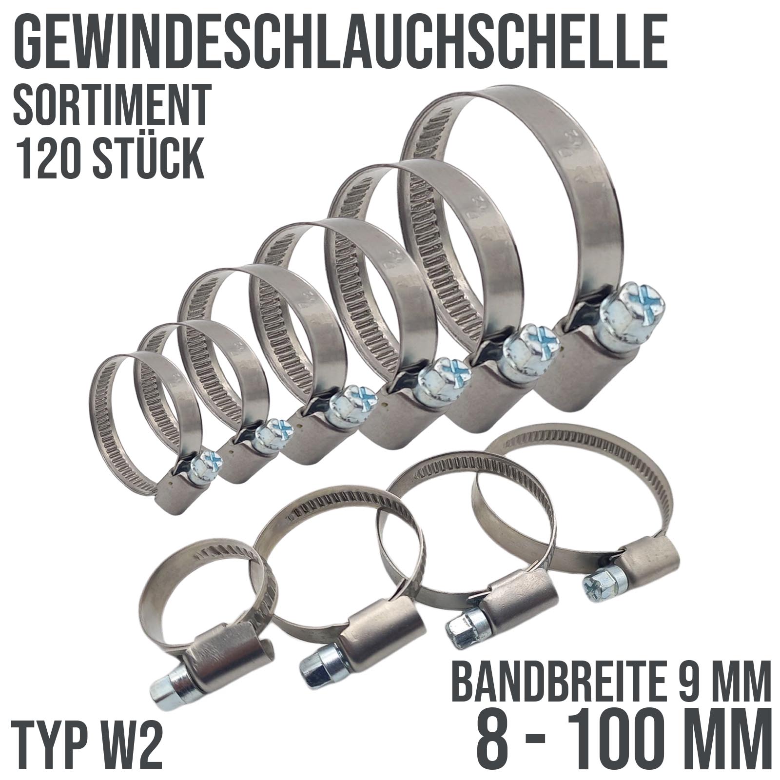 120 Stück - Schlauchschellen Klemmschellen Edelstahl 8-100mm W2 Sortiment Set