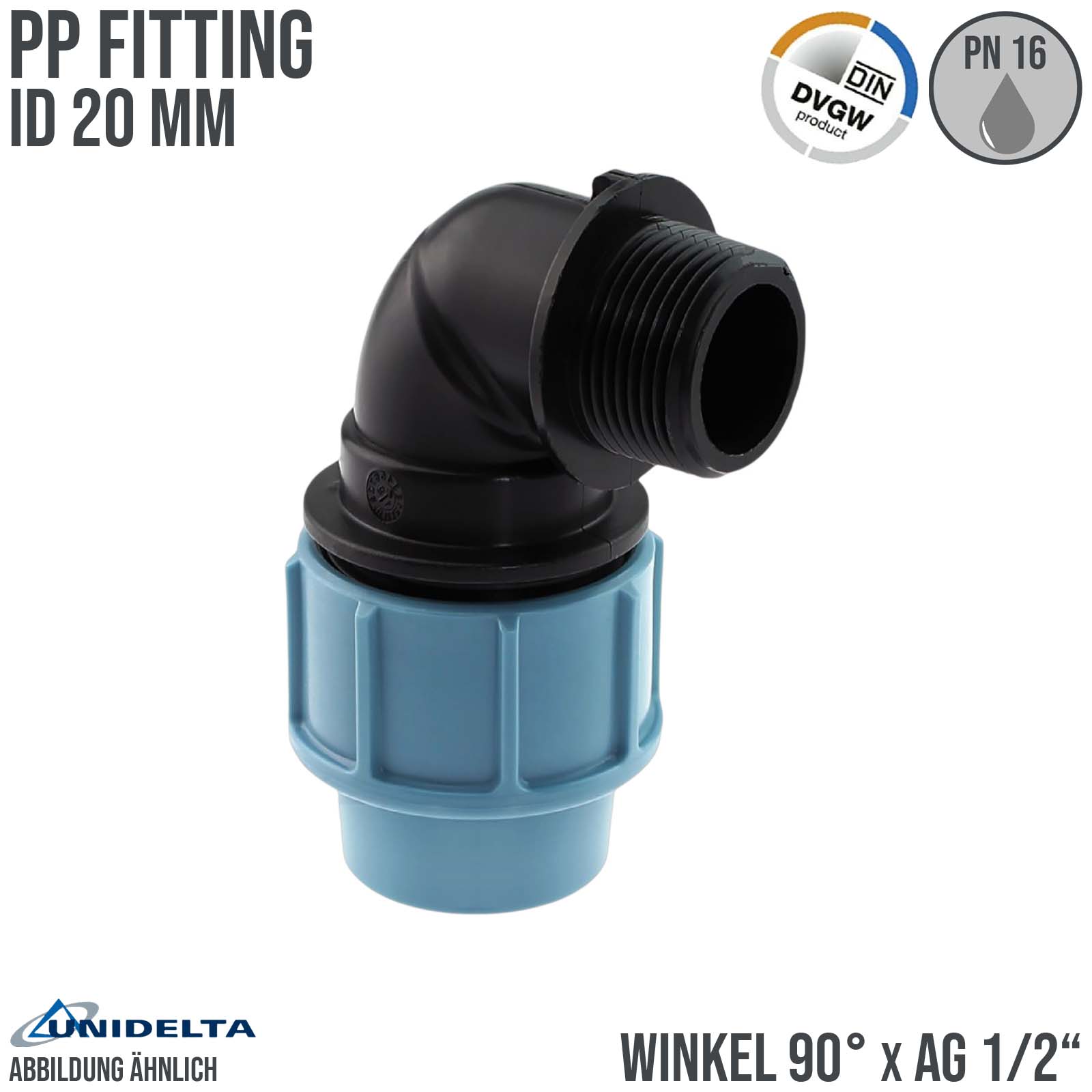 20 mm x 1/2" PE PP Fitting Klemm Verbinder Verschraubung Rohr Winkel 90° x AG DVGW - Unidelta 