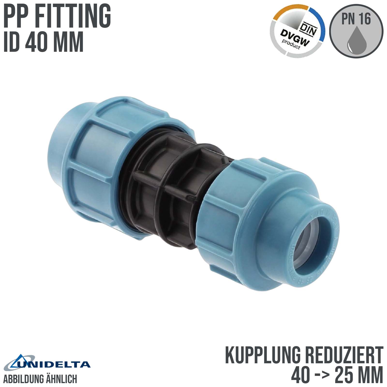 75 x 63 mm PE PP Fitting Klemm Verbinder reduziert Verschraubung Muffe Kupplung DVGW - Unidelta